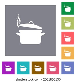Steaming pot with lid flat icons on simple color square backgrounds