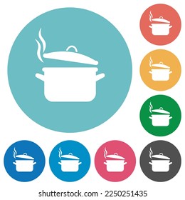 Steaming pot with lid flat white icons on round color backgrounds