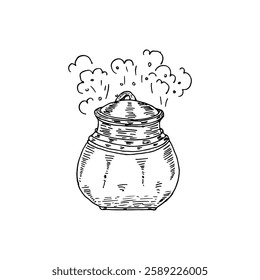 Steaming pot with lid, hand-drawn vector doodle cartoon line art sketch.