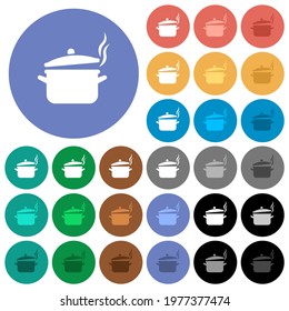 Steaming pot with lid multi colored flat icons on round backgrounds. Included white, light and dark icon variations for hover and active status effects, and bonus shades.