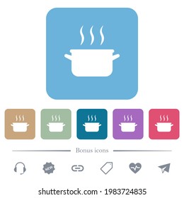 Steaming pot white flat icons on color rounded square backgrounds. 6 bonus icons included