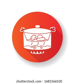 Icono de glifo de diseño plano rojo al vapor. Cocinando comida con vapor sobre agua hirviendo. Método de preparación de la comida, técnica culinaria. Vapor con silueta de verduras ilustración de color RGB