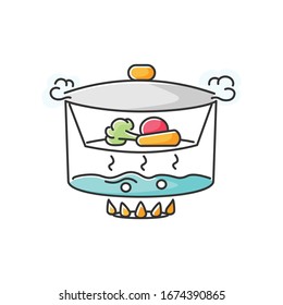 Steaming RGB color icon. Cooking food on vapor over boiling water. Meal preparation method, culinary technique. Steamer with vegetables isolated vector illustration