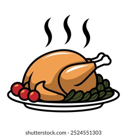 Steaming roast chicken on plate cartoon illustration