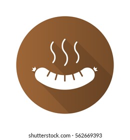 Steaming sausage flat design long shadow icon. Bratwurst. Hot sausage. Vector silhouette symbol