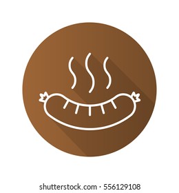 Steaming sausage flat linear long shadow icon. Bratwurst. Hot sausage. Vector line symbol