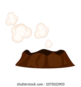 Steaming or sleeping volcano graphic icon with white clouds isolated on white background. Mountain with crater on top. Vector illustration in flat design cartoon style, geothermal element for web