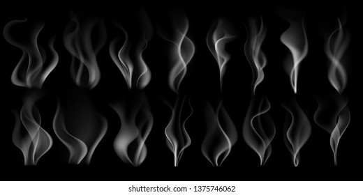 Steaming smoke. Hot steam stream, smoking cloud and steam from coffee cup isolated realistic 3D vector illustration set