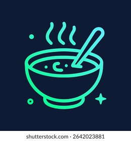 Steaming soup bowl with a spoon. Icon symbol illustration