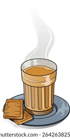 Steaming Tea Cup with Biscuits on Plate. South Asian Chai with Snacks Vintage Style Vector Illustration Isolated