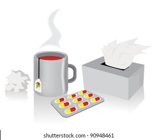 Steaming Tea cup and medicine