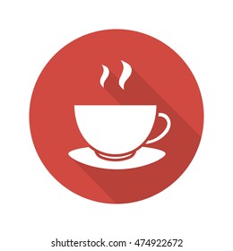 Steaming teacup flat design long shadow icon. Hot steamy coffee mug on plate. Vector silhouette symbol