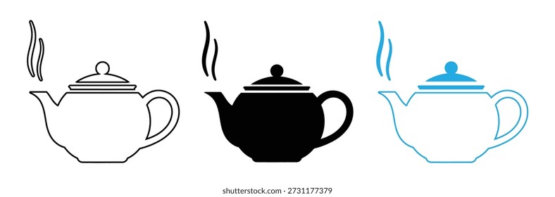Conjunto de ícones de bule de vapor - Símbolos vetoriais de chaleira de chá para café e design de cozinha em estilos de contorno e sólidos, ícone vetorial de bule clássico em versão sólida e contorno.