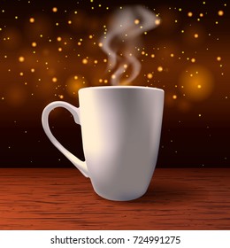 Dampfende weiße Tasse auf Bokeh-goldenem Hintergrund. Vektorgrafik
