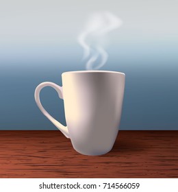 Steaming white cup on wooden background. Window background. Vector Illustration
