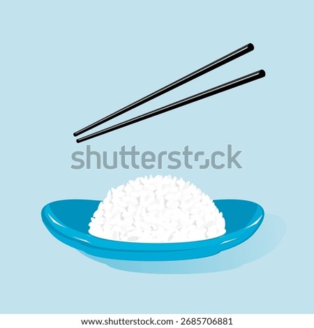 Steaming white rice on a bright blue plate with floating black chopsticks, minimalist food illustration on soft light blue background for menu, recipe card, packaging, and asian cuisine branding.