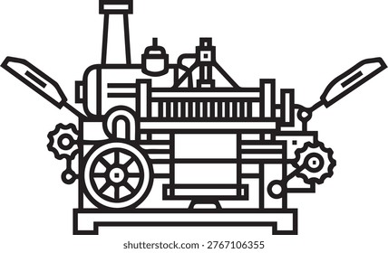 Steam-Powered Power Loom Industrial Icon: Historical Textile Manufacturing, 19th-Century Mechanical Engineering, Educational Infographics, Historical Technology, Factory Automation