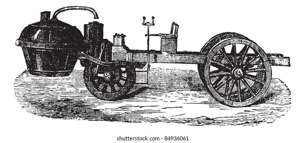 Tricycle a vapor, durante 1770, ilustración vintage grabada. Enciclopedia Trousset (1886-1891).