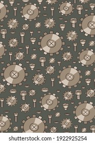 Steampunk. Antecedentes abstractos. Engranajes de diferentes tamaños y configuraciones, tornillos y arandelas en un fondo oscuro. Imagen de color. Dirección vertical. Elemento de diseño. Ilustración vectorial.