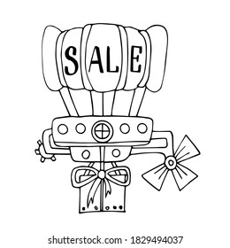Steampunk airships with the inscription sale. Vector linear drawing in Doodle style. Isolated on a white background. Banner for sale.  Flying car with a gift. Advertising discounts