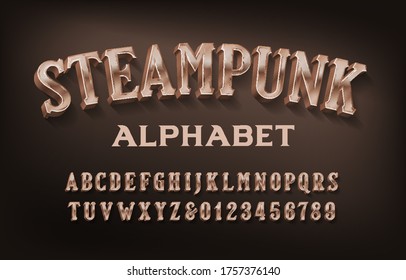 Steampunk-Alphabet-Schriftart. 3D-Retro-Messingbriefe und -Zahlen. Stock-Vektorgrafik für Ihr Design.