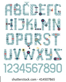 Steampunk alphabet. Letters from spare parts, equipment, pipes.