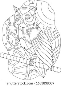 steampunk animal, mechanic machine, metal biomechanics  coloring outline owl