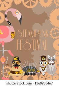 Steampunk animal poster vector illustrations for party or festival. Fantastic metal owl, hedgehog, flamingo in style of engraving with decorative frame of gears and pistols.