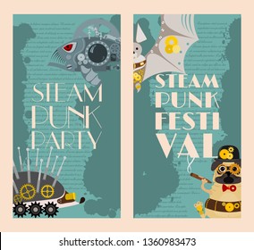 Steampunk animal set of banners vector illustrations for party or festival. Fantastic metal fish and hedgehog in style of engraving with decorative frame of gears and pistols.
