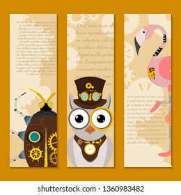 Steampunk animal set of banners vector illustrations for party or festival. Fantastic metal scarab, owl flamingo in style of engraving with decorative frame of gears and pistols.
