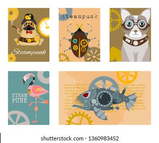 Steampunk animal set of cards vector illustrations. Fantastic cartoon dog, cat, metal fish, flamingo pink in style of engraving with decorative frame of gears and pistols.