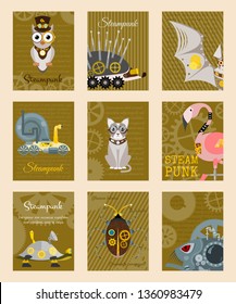 Steampunk animal set of cards vector illustrations for party or festival. Fantastic metal scarab, hedgehog, flamingo in style of engraving with decorative frame of gears and pistols.