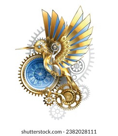 Steampunk, antique, gold, mechanical hummingbird with brass and gray gears on white background. Mechanical bird. Hand drawn vector art