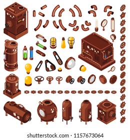 Steampunk art constructor isometric  collection of design elements inspired by 19th century steam powered machinery vector illustration 