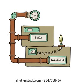 Steampunk artistic sketch, doodle, with Hello Intellect lettering. Isolated, white background. Vector illustration