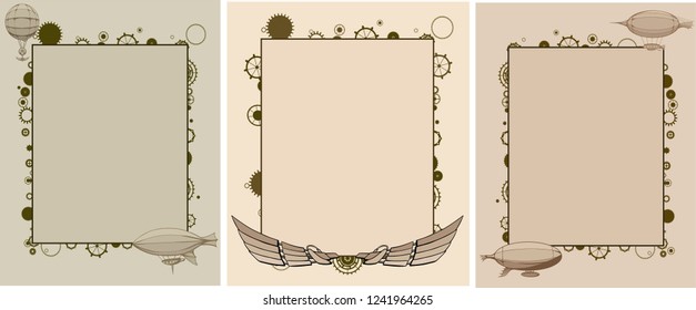 Steampunk background frame, vintage border, airship, wings, cogs, gears, invitation letter