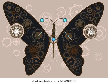 Steampunk background with insect, moth butterfly, gears and cogs