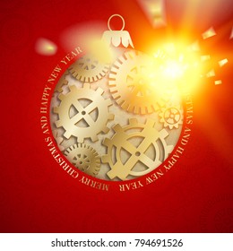 Steampunk background with mechanical gears and weels for christmas design, toy and golden spark placed over red background. Vector illustration