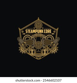 Logotipo do emblema do Steampunk com máquina de círculo da engrenagem clássica