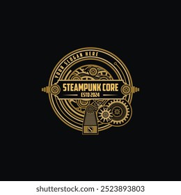 Logotipo do emblema Steampunk com máquina de círculo da engrenagem vintage