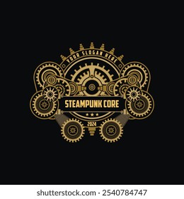 Logotipo do emblema Steampunk com detalhes do círculo da engrenagem vintage