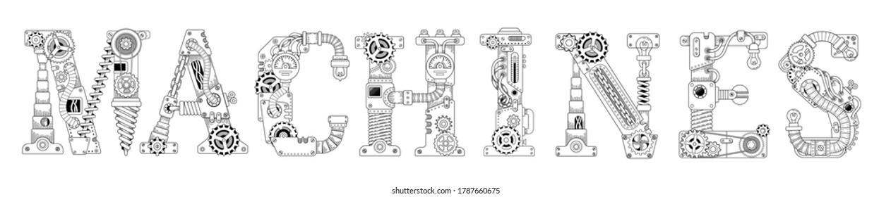 Steampunkbanner. Buchstaben aus Zahnrädern und verschiedene mechanische Details auf weißem Hintergrund. Färben des Textes aus Großbuchstaben englisches Alphabet.