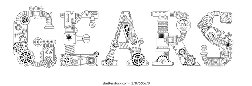 Steampunkbanner. Buchstaben aus Zahnrädern und verschiedene mechanische Details auf weißem Hintergrund. Färben des Textes aus Großbuchstaben englisches Alphabet.