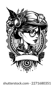 Steampunk beautiful Girl with glasses and hat illustration