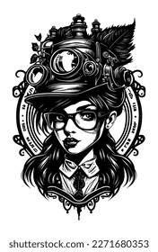 Steampunk beautiful Girl with glasses and hat illustration