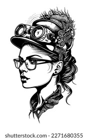 Steampunk beautiful Girl with glasses and hat illustration