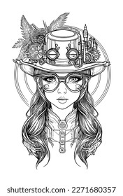 Steampunk beautiful Girl with glasses and hat illustration