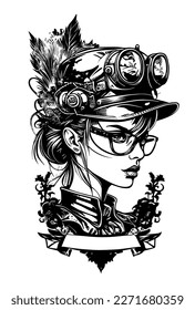 Steampunk beautiful Girl with glasses and hat illustration