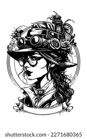 Steampunk beautiful Girl with glasses and hat illustration