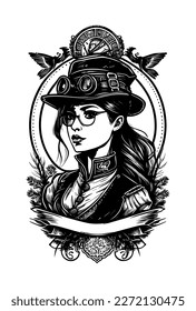 Steampunker schönes Mädchen mit Brille und Hutgrafik